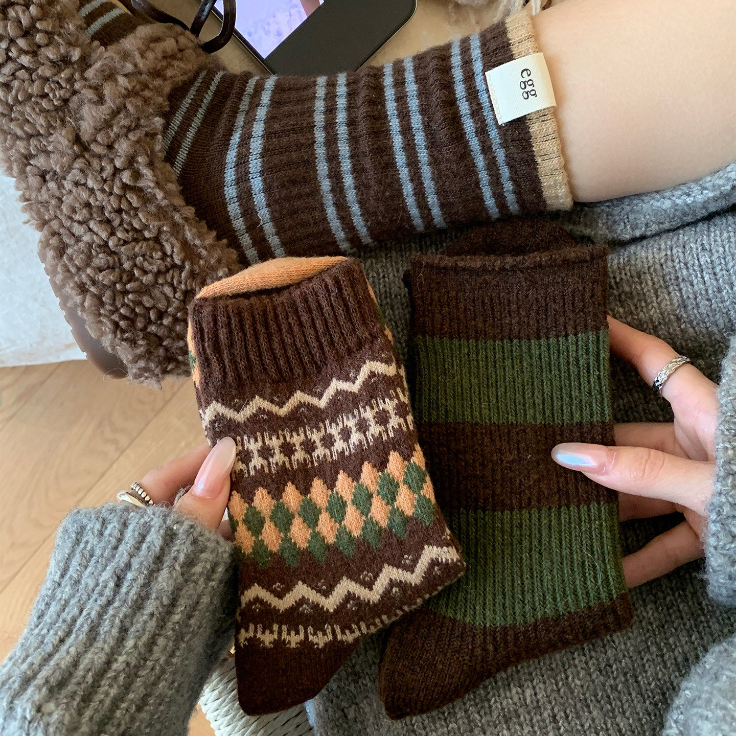 费尔岛复古咖绿色羊毛袜子女中筒袜秋冬季加厚加绒保暖冬天长筒袜,女士内衣/男士内衣/家居服,中筒袜,淘宝优惠券,粉丝福利购,淘宝优惠卷
