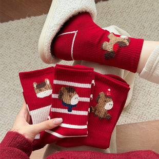 属马红袜子女本命年中筒袜秋冬新款新年马年卡通棉袜可爱ins潮袜