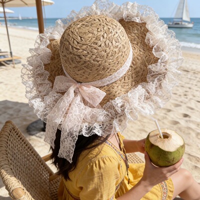 2026新款蕾丝甜美遮阳草帽女沙滩