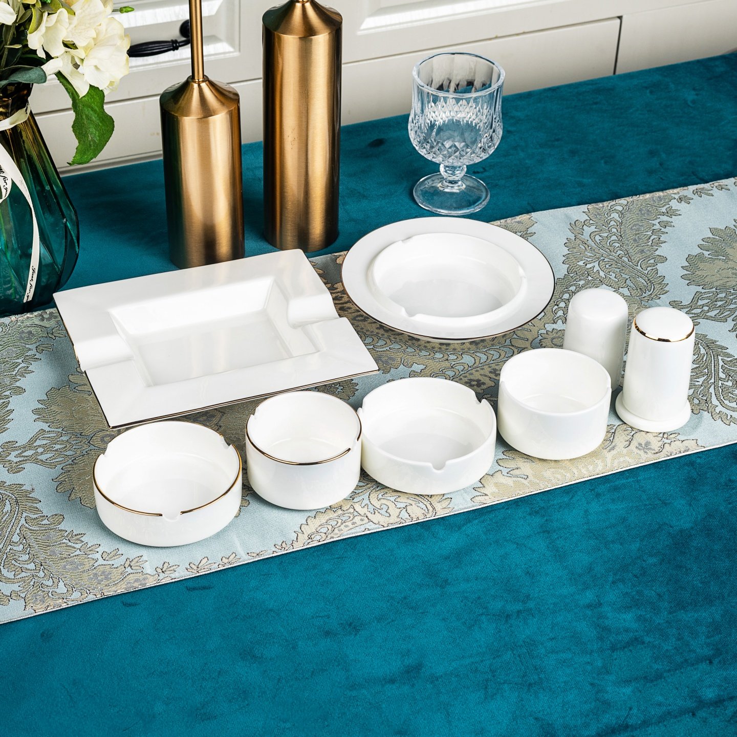 金边骨瓷轻奢牙签筒烟灰缸家用陶瓷牙签罐简约牙签盒烟缸酒店套装