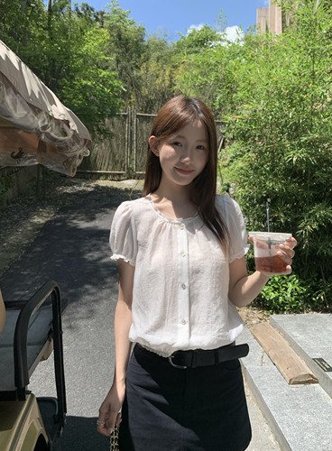 温柔风蕾丝花边短袖衬衫女夏韩系泡泡袖薄款透气天丝亚麻小衫8309