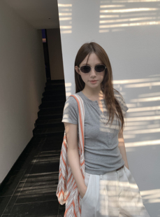 韩系亨利领正肩短袖T恤女夏修身显瘦百搭基础款简约气质上衣T8191