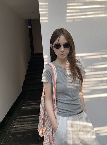 韩系亨利领正肩短袖T恤女夏修身显瘦百搭基础款简约气质上衣T8191