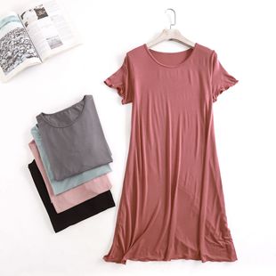 莫代尔宽松纯色外穿短袖 荷叶边连衣裙女夏家居服 睡裙睡衣薄款 大码