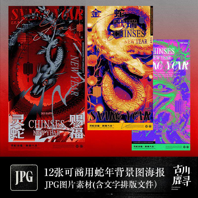12p可商用潮流迷幻春节新年蛇年海报JPG背景图及字体排版设计素材