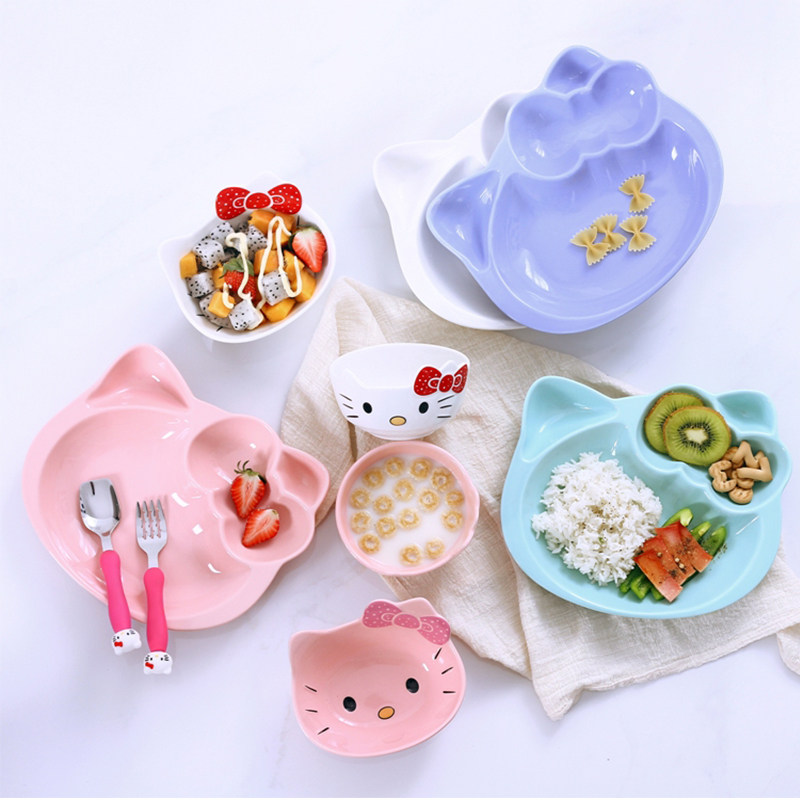 包邮 可爱创意卡通儿童餐具KT猫陶瓷分格餐盘水果盘蛋糕盘西餐盘