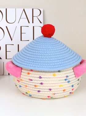 棉线编织收纳筐桌面零食杂物储物盒带盖卧室化妆品玄关钥匙整理篮