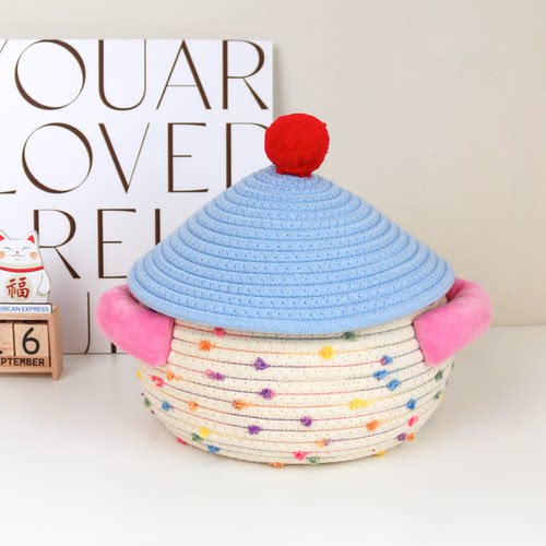 棉线编织收纳筐桌面零食杂物储物盒带盖卧室化妆品玄关钥匙整理篮