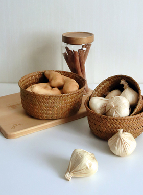 海草编织收纳筐厨房姜蒜篮圆形桌面大蒜生姜迷你置物篮零食储物筐