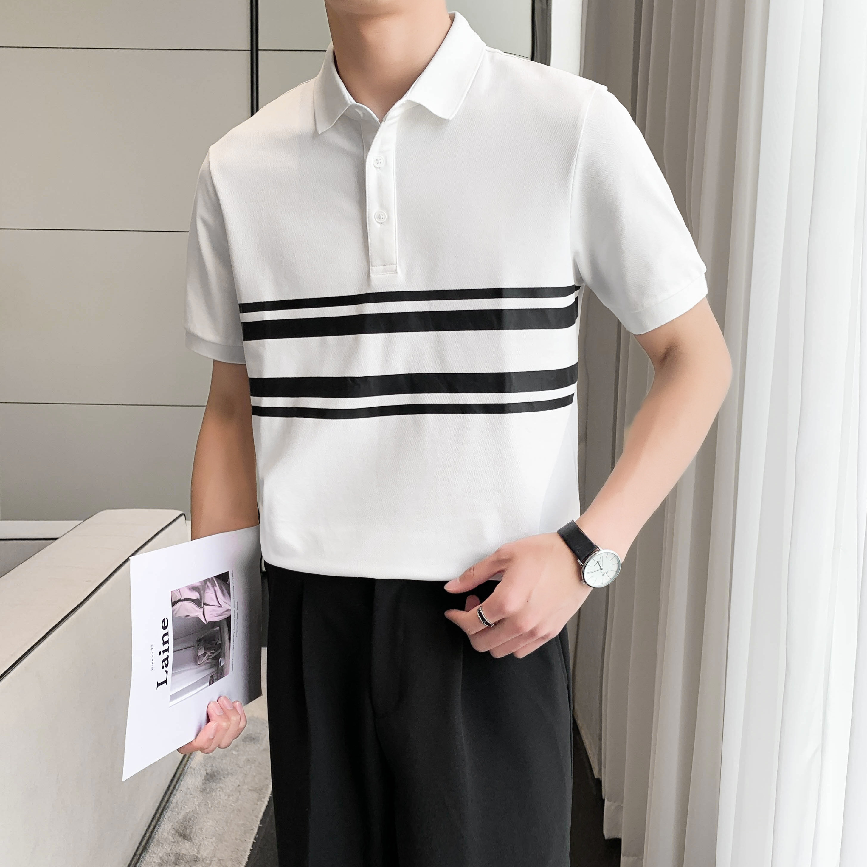 9005#_绿条纹拼接印花polo衫男轻熟店主翻领短袖休闲T恤潮P55,男装T恤,电商C309