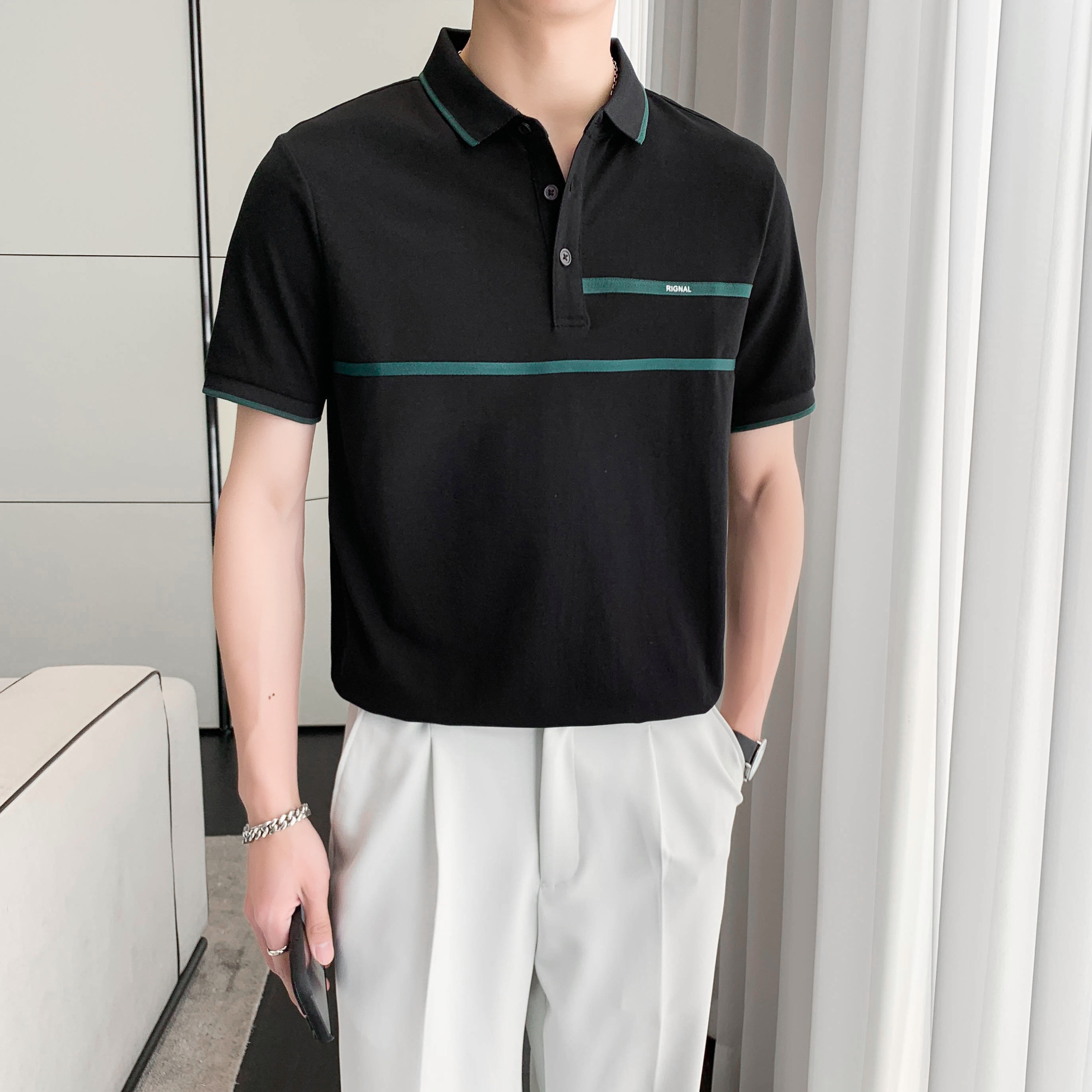 9408#黑 休闲翻领男士polo衫轻熟店主条纹拼接短袖T恤男潮P50图片