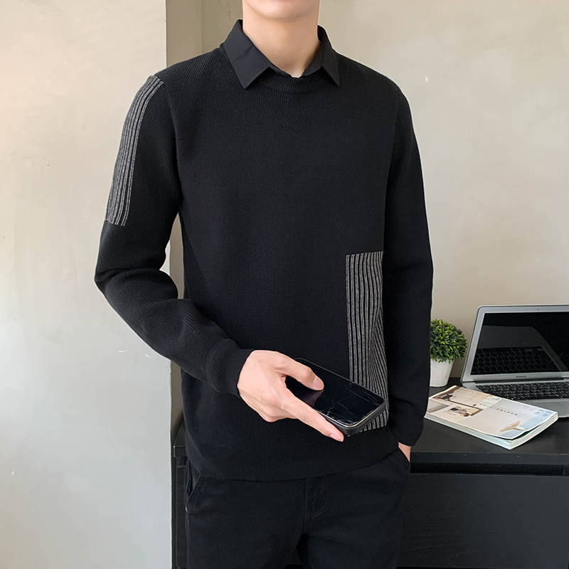 8950#秋冬新款肩底摆条纹设计男士假两件针织衫套头长袖毛衣P105，男装针织衫/毛衣，电商C309