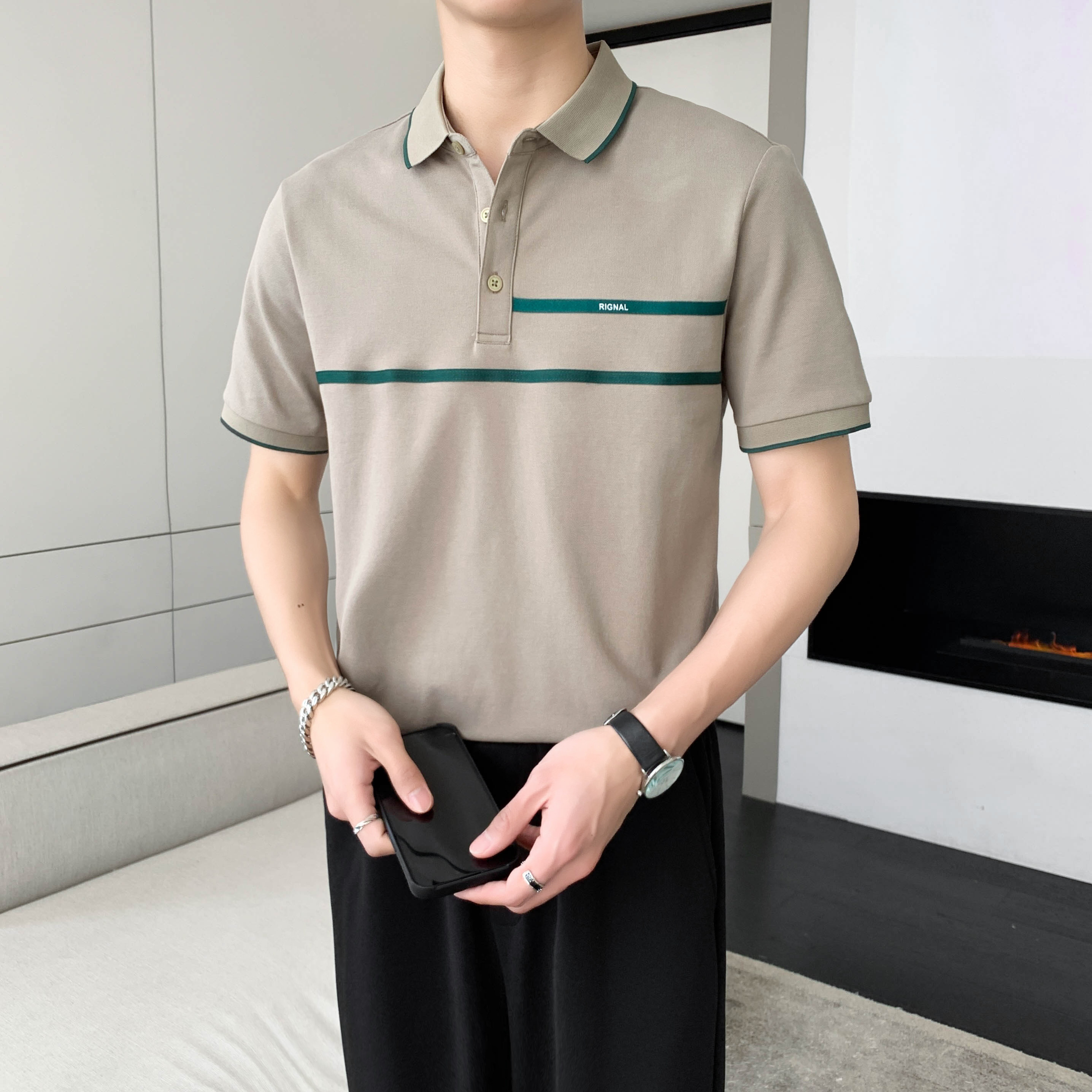 9408#黑休闲翻领男士polo衫轻熟店主条纹拼接短袖T恤男潮P50,男装T恤,电商C309