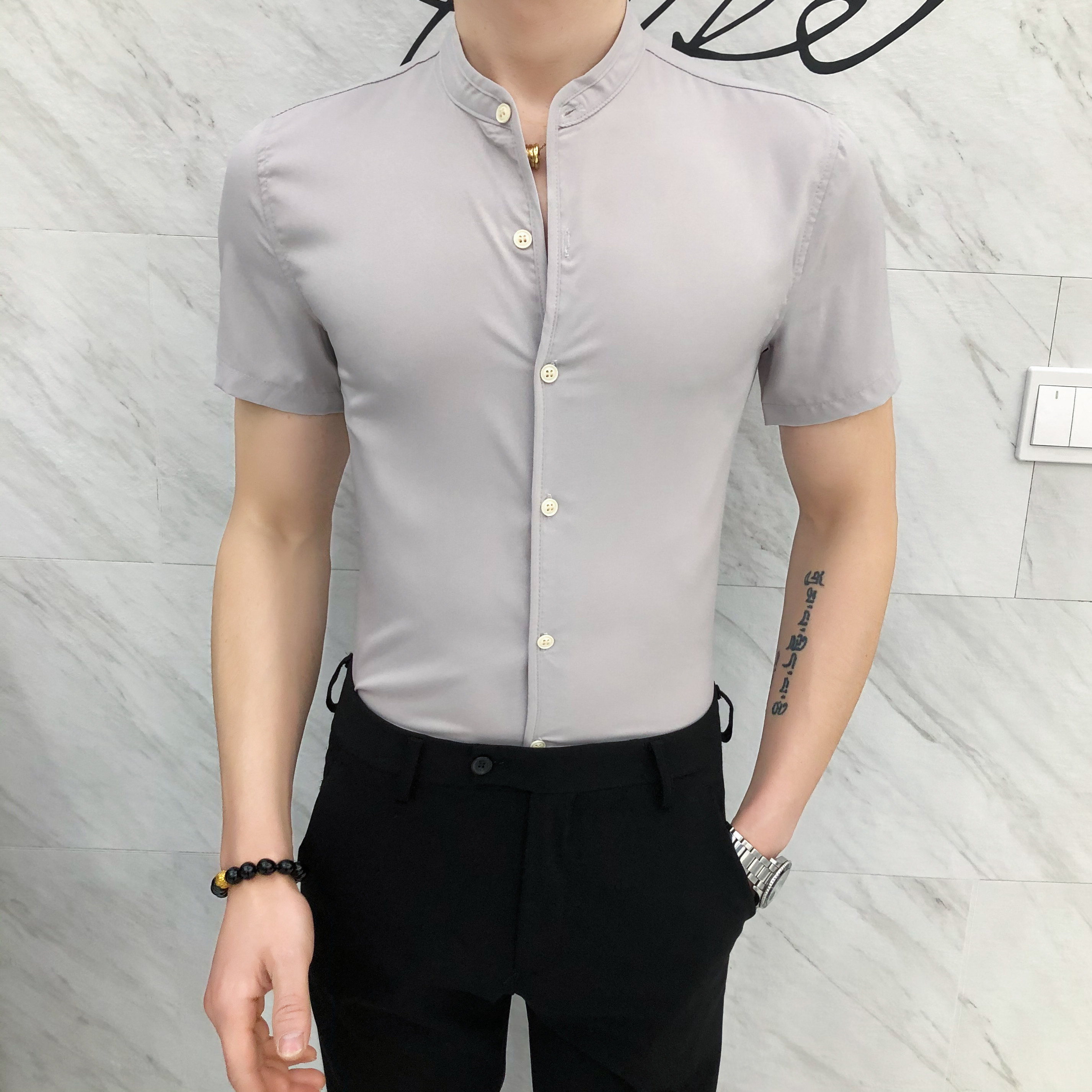 CS01#夏款纯色立领韩版修身英伦店主男士短袖休闲衬衫P40,男装T恤,电商C309