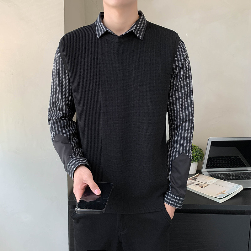新款拼接织法双线条纹男士假两件针织衫长袖套头毛衣8956#P105,男装针织衫/毛衣,电商C309
