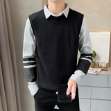 8215#P105秋冬款袖口拼接男士假两件条纹针织衫长袖套头毛衣，男装针织衫/毛衣，电商C309