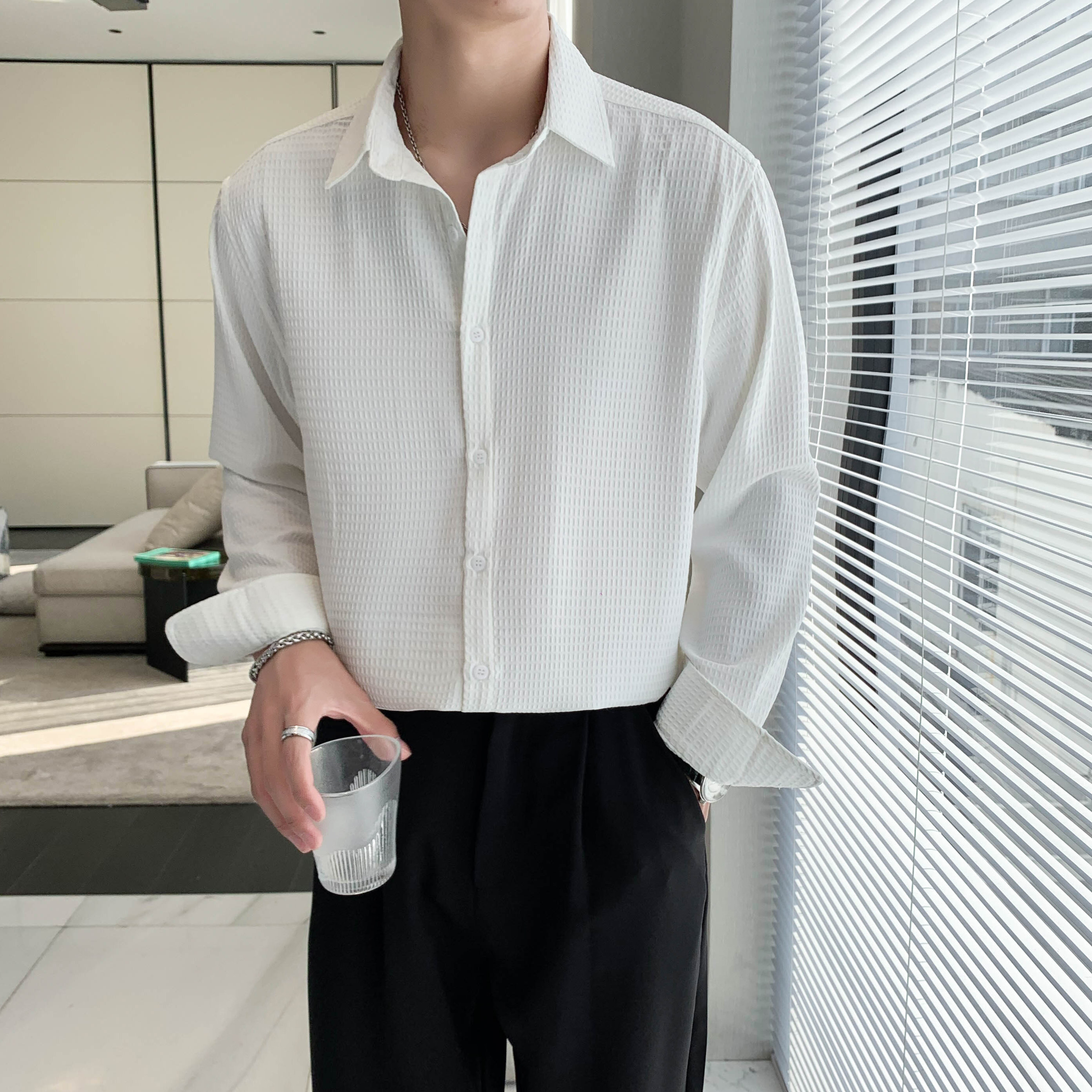 白_春秋款轻熟风华夫格男士长袖宽松休闲纯色衬衫C881#P55图片