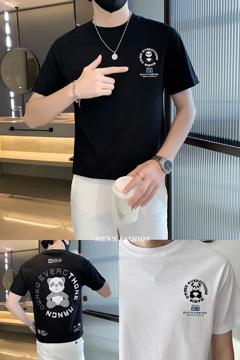 8032#夏新款熊猫刺绣后背反光幻彩印花T恤男圆领短袖潮特P48控78,男装T恤,电商C309