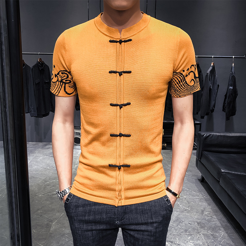 风中式盘扣袖边提花男士立领短袖针织衫套头M3966#P75,男装T恤,电商C309