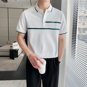 9408#黑 休闲翻领男士polo衫轻熟店主条纹拼接短袖T恤男潮P50图片