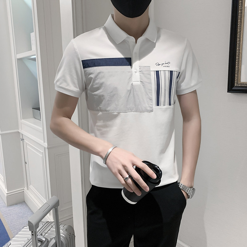 86023#夏款条纹拼接男士休闲polo衫小伙风翻领T恤男潮P55,男装T恤,电商C309