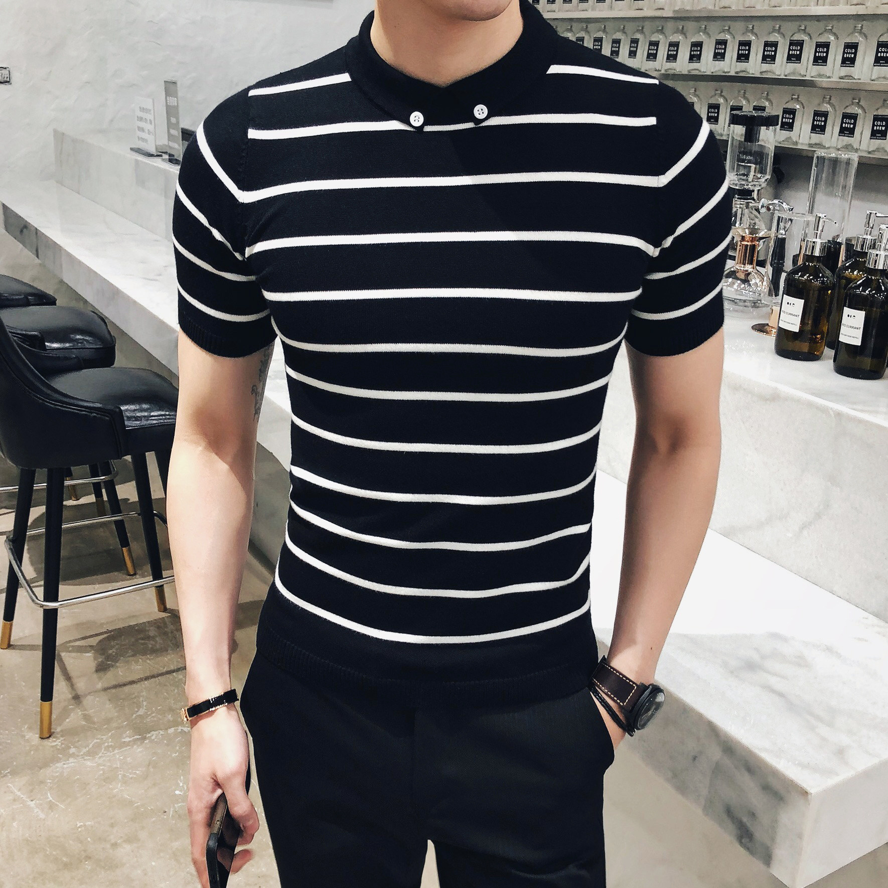 春夏季经典条纹 翻领双粒扣男士休闲针织短袖polo衫V20#P55图片