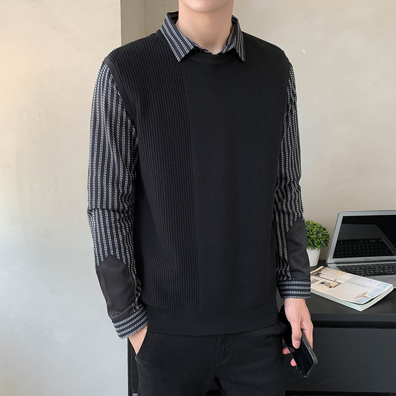 8956#新款拼接织法双线条纹男士假两件针织衫长袖套头毛衣P105，男装针织衫/毛衣，电商C309