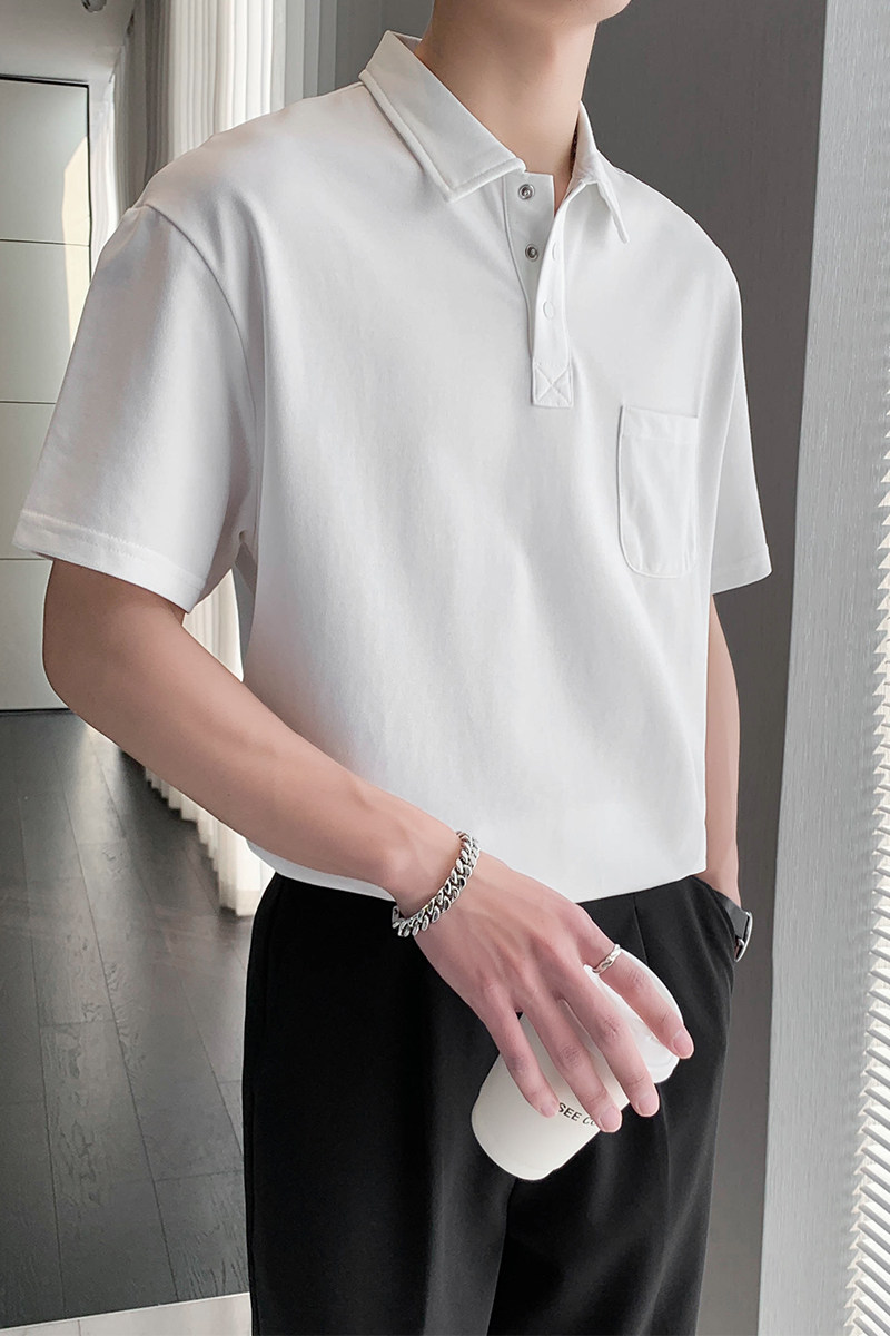 9801#白高级感纯色口袋雅痞polo衫半袖翻领T恤短袖男轻熟潮P58,男装T恤,电商C309