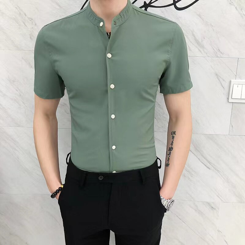 CS01#夏款纯色立领韩版修身英伦店主男士短袖休闲衬衫P40,男装T恤,电商C309