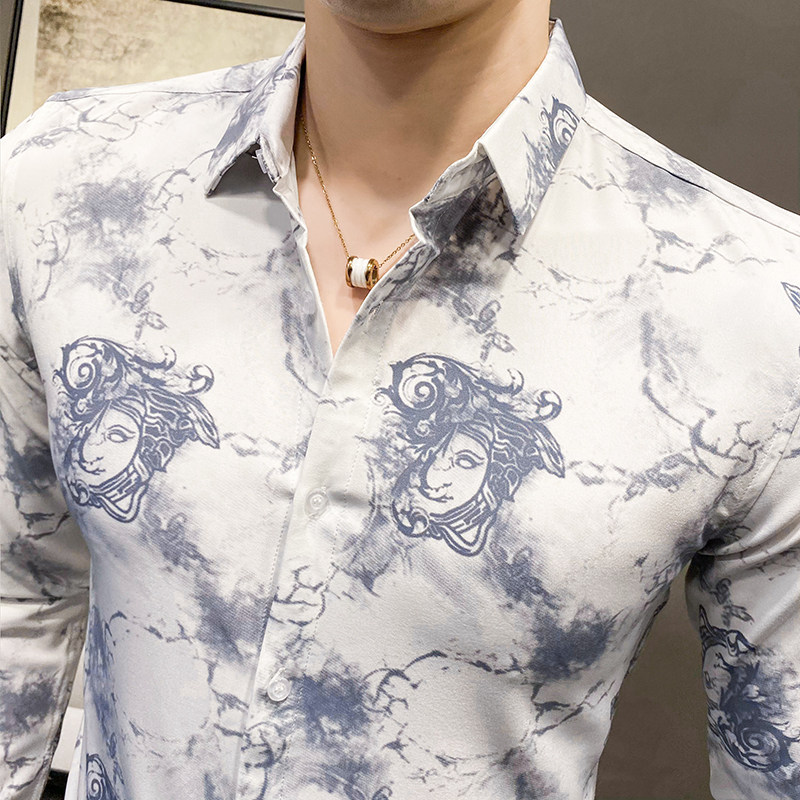 C916_P60/2025秋款人头银丝边印花店主风男士韩版休闲衬衫潮,男装衬衫,电商C309