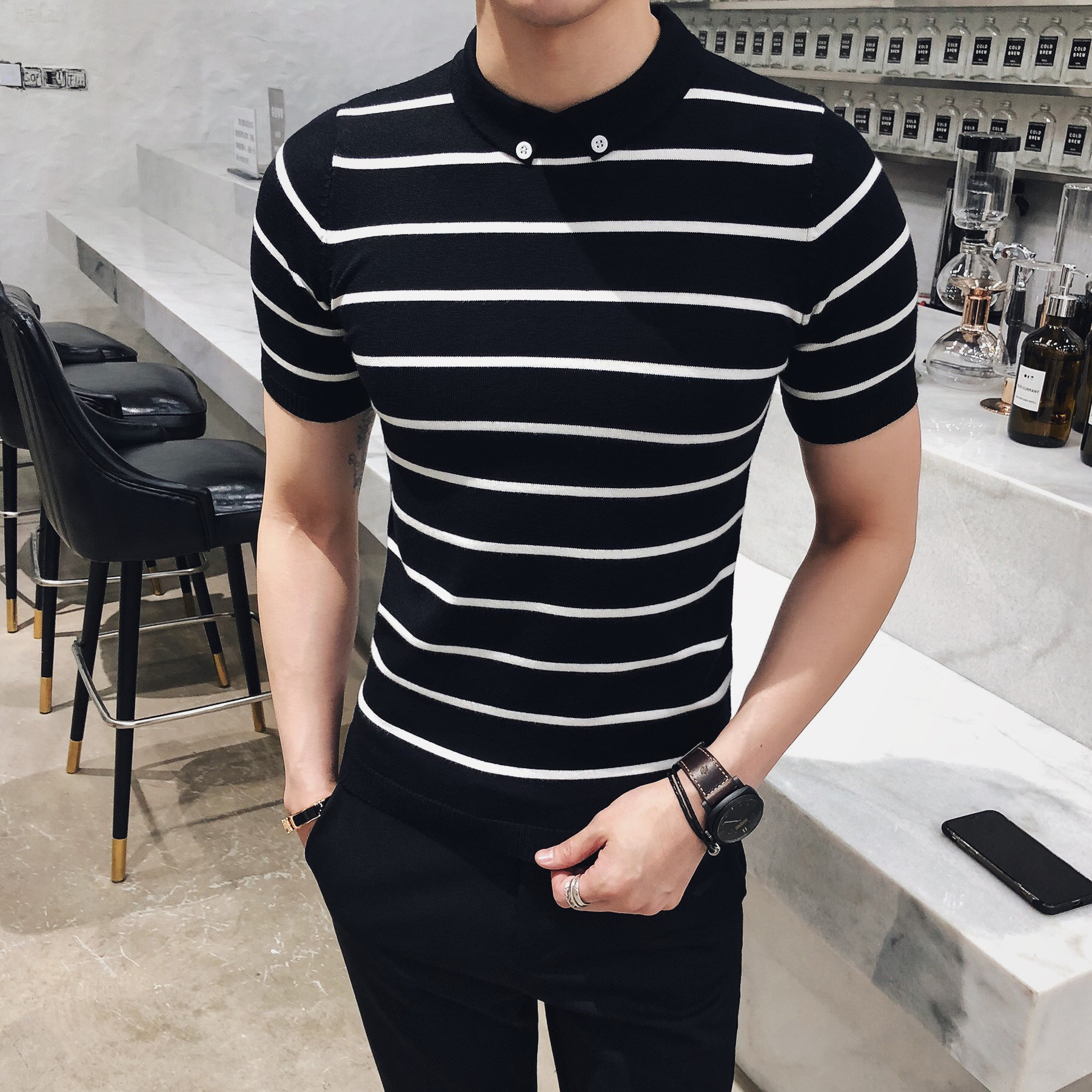 春夏季经典条纹翻领双粒扣男士休闲针织短袖polo衫V20#P55,男装T恤,电商C309