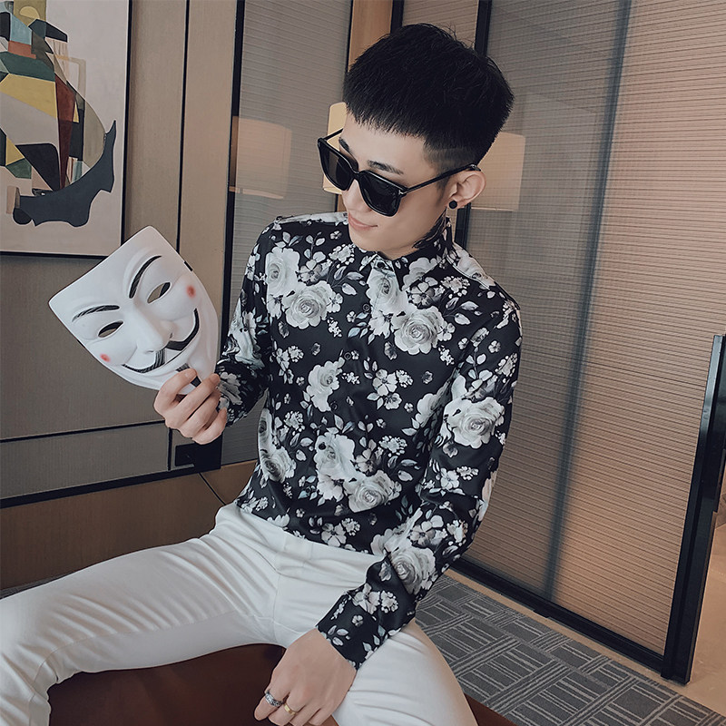 C912#_黑小伙风男士韩版修身社会长袖休闲印花衬衫潮男P58,男装衬衫,电商C309