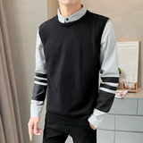 8215#P105秋冬款袖口拼接男士假两件条纹针织衫长袖套头毛衣，男装针织衫/毛衣，电商C309