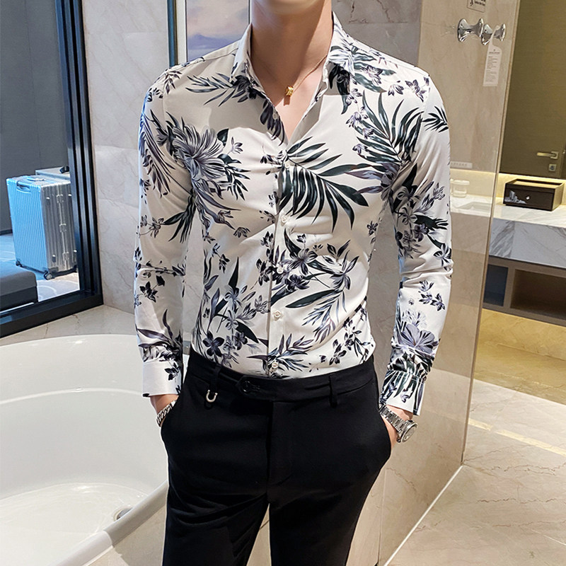 C803#春秋款 男士韩版修身长袖印花衬衫店主英伦潮P58图片
