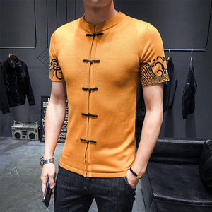 风中式盘扣 袖边提花 男士立领短袖针织衫套头M3966#P75图片