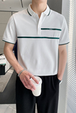 9408#休闲翻领男士polo衫轻熟店主条纹拼接短袖T恤男潮P50特，男装T恤，电商C309