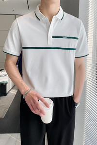 9408#休闲翻领男士polo衫轻熟店主条纹拼接短袖T恤男潮P50特图片