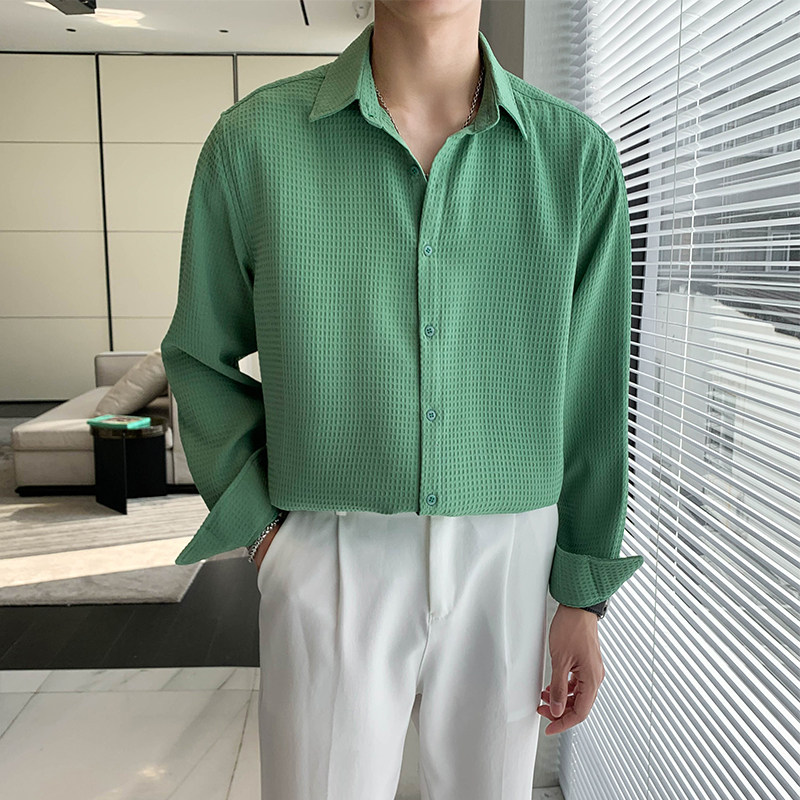 绿_春秋款轻熟风华夫格男士长袖宽松休闲纯色衬衫C881#P55，男装衬衫，电商C309
