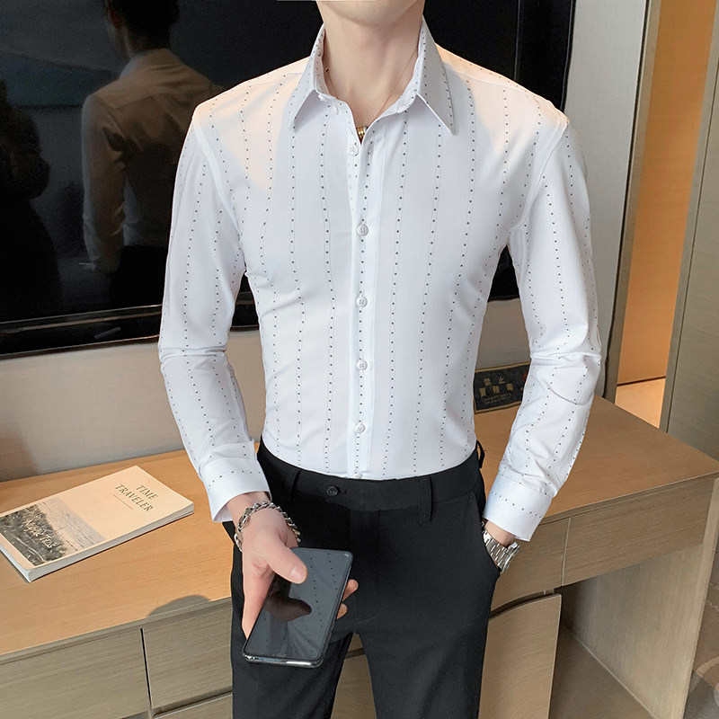 2025秋印花条纹男士韩版修身长袖衬衫店主英伦潮C6602#P65,男装衬衫,电商C309