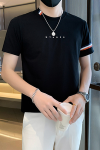 23366夏新款精品印花编织带条纹男士圆领T恤纯色短袖潮特P48控78图片