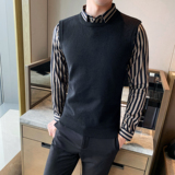 6613#秋冬款假两件高品质竖条纹衬衫针织背心套头毛衣男P95，男装背心/马甲，电商C309