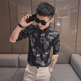 银丝烫印花社会风精神小伙韩版修身半袖休闲衬衫男潮CS03_P55，男装T恤，电商C309