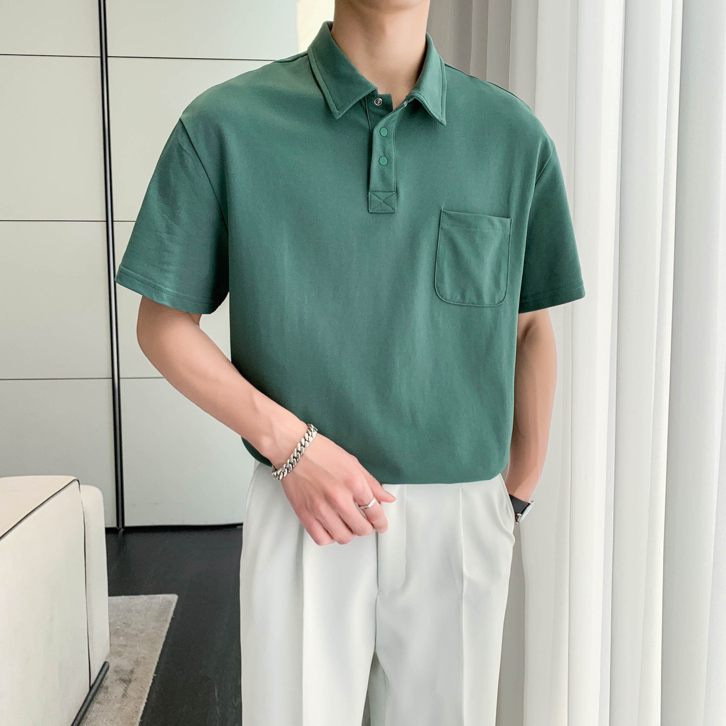 9801#咖高级感纯色口袋雅痞polo衫半袖翻领T恤短袖男轻熟潮P58,男装T恤,电商C309