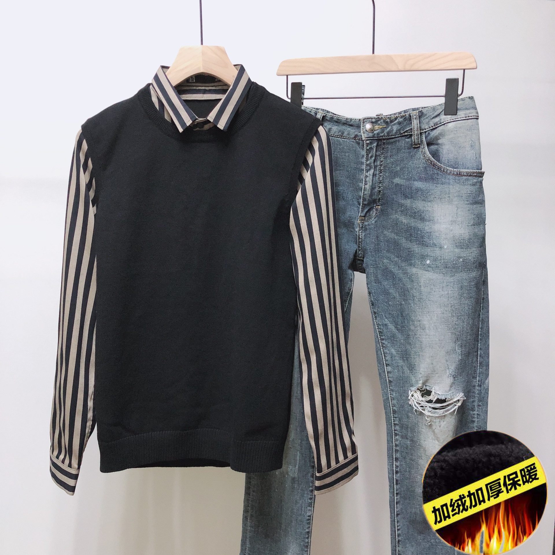 加绒加厚高品质针织衫假两件男士套头休闲毛衣男M6613_P100，男装针织衫/毛衣，电商C309