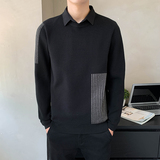 秋冬新款肩底摆条纹设计男士假两件针织衫套头长袖毛衣8950#P105，男装针织衫/毛衣，电商C309