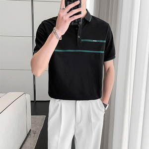 9408#黑 休闲翻领男士polo衫轻熟店主条纹拼接短袖T恤男潮P50图片
