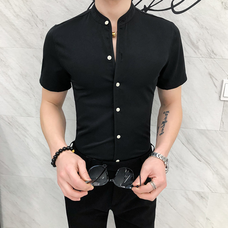 CS01#夏款纯色立领韩版修身英伦店主男士短袖休闲衬衫P40,男装T恤,电商C309