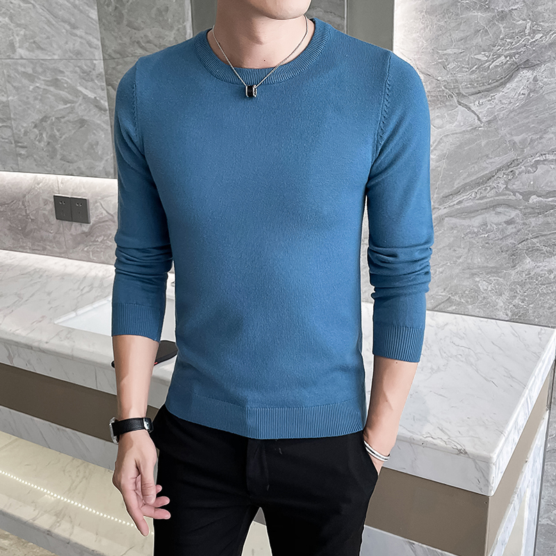 蓝_秋冬新款男士纯色圆领针织衫韩版修身打底长袖毛衣M31#P35，男装T恤，电商C309