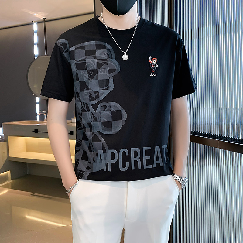 8029#夏新款刺绣动漫马里奥印花T恤男休闲圆领短袖潮特P48控78,男装T恤,电商C309