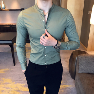 2021_C66P55 商务休闲英伦店主男士长袖衬衫立领休闲衬衫男黑控78图片